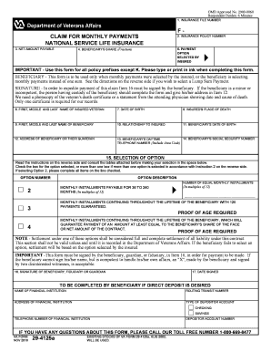 VA Form 29-4125a Claim for Monthly Payments