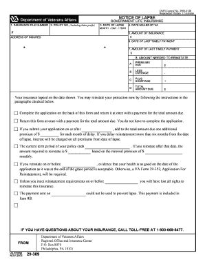 US Government Life Insurance Reinstatement Notice