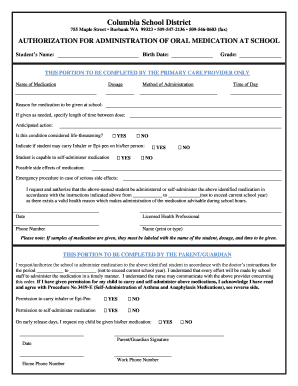Authorization for Administration of Oral Medication at School