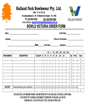 Bowls Victoria Order Form