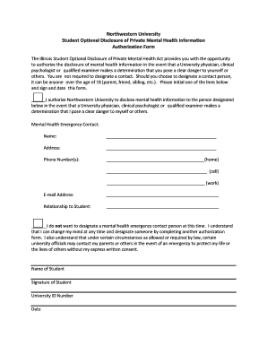 Northwestern University Mental Health Disclosure Authorization