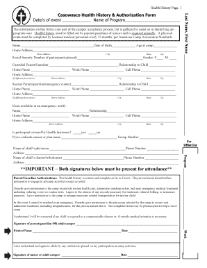Casowasco Health History Authorization Form