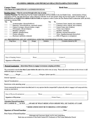 Standing Orders and Physician Health Examination Form