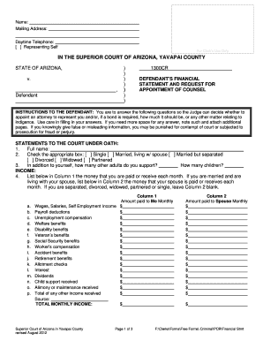 Arizona Defendant's Financial Statement and Request for Appointment of Counsel