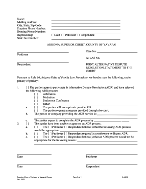 Arizona Joint Alternative Dispute Resolution Statement