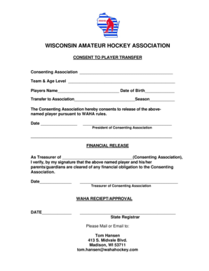 Wisconsin Amateur Hockey Association Player Transfer Consent