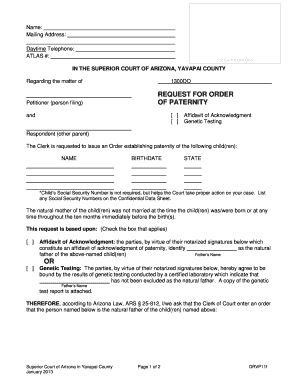 Arizona Paternity Order Request Form