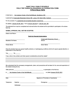 Field Trip Parental Authorization Form
