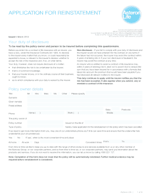 Application for Reinstatement of Life Insurance Policy