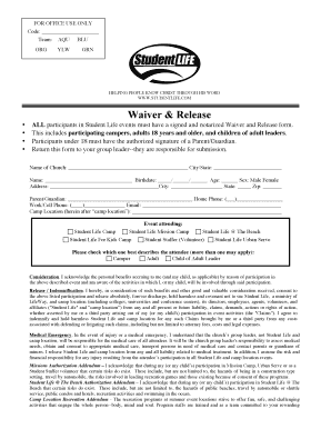 Student Life Waiver and Release Form
