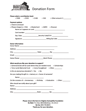 Virginia Hemophilia Foundation Donation Form