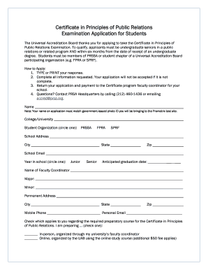 Certificate in Principles of Public Relations Examination Application