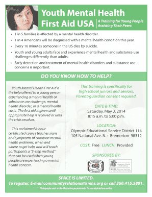 Youth Mental health First Aid USA class flyer and Consent Form Consentregistration form and class information flyer