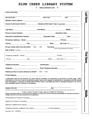 Plum Creek Library System Registration Form