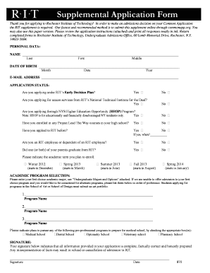 Rochester Institute of Technology Supplemental Application Form