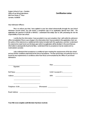 Rutgers Law School Admission Certification Letter