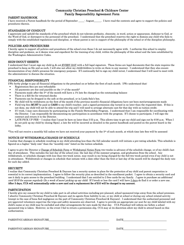 Fillable Online olympiachristianschool Family Responsibility Agreement Form - Christian School ...