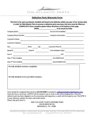 Defective Parts Warranty Form