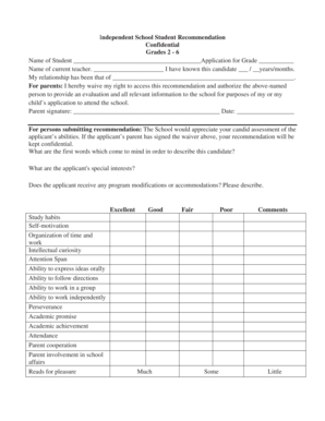 Independent School Student Recommendation Form