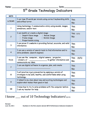 5th Grade Technology Indicators Assessment Form