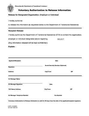 Massachusetts Voluntary Authorization to Release Information