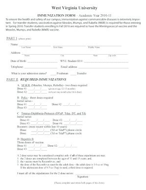 West Virginia University Immunization Form