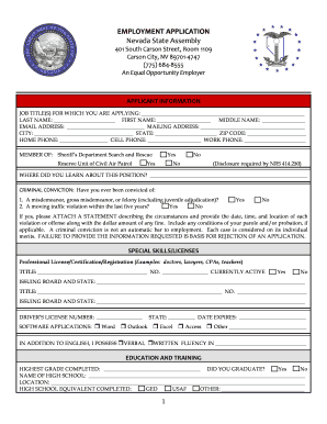 Nevada State Assembly Employment Application
