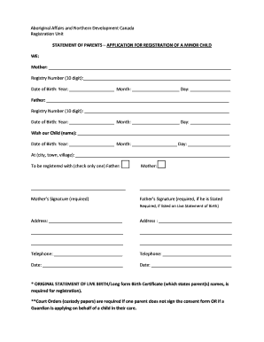 Statement of Parents - Application for Registration of a Minor Child