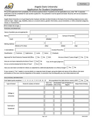 Angelo State University Student Employment Application