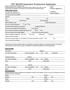PET AVER Superstore Employment Application