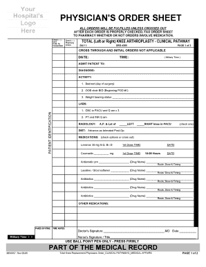 Physician's Order Sheet for Knee Arthroplasty