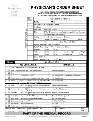 Physician's Order Sheet for C-Section