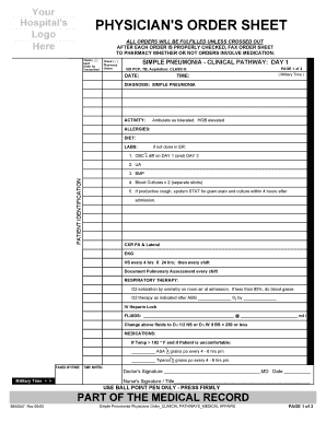Physician's Order Sheet for Simple Pneumonia