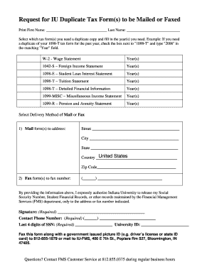 Request for IU Duplicate Tax Form(s) to be Mailed or Faxed