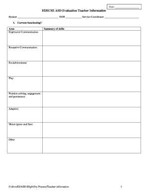 EI/ECSE ASD Evaluation Teacher Information Form