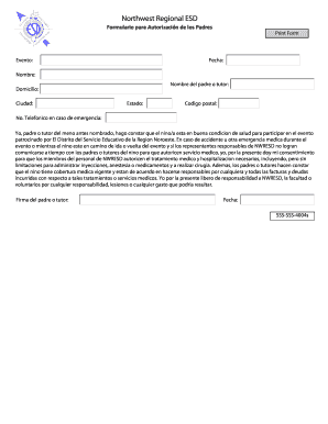 Formulario para Autorización de los Padres