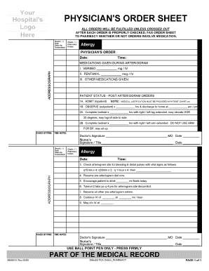 Physician's Order Sheet for Arteriogram