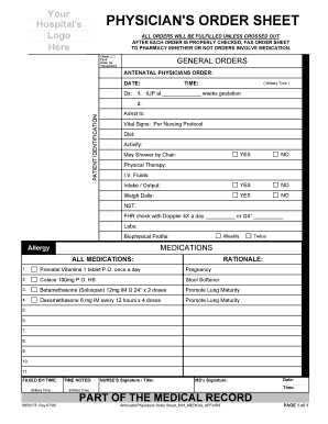 Antenatal Physicians Order Sheet