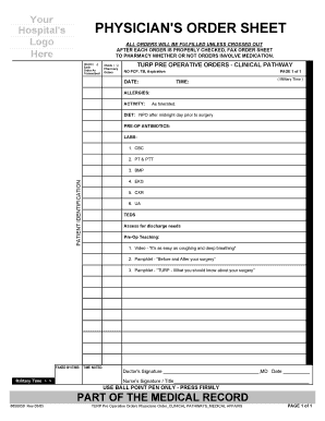 Physician's Order Sheet for TURP Pre-Operative Orders