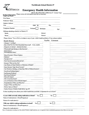 Northbrook School District 27 Emergency Health Information Form