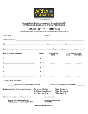 Lease amendment to add tenant - American Choral Directors Association of Minnesota (ACDAMN) STATE HONOR CHOIR SELECTED STUDENT REGISTRATION DIRECTORS RETURN FORM Special note to directors: Please return this completed form with student check payment/s and signed notarized