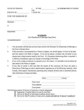 Indiana Dissolution of Marriage Summons
