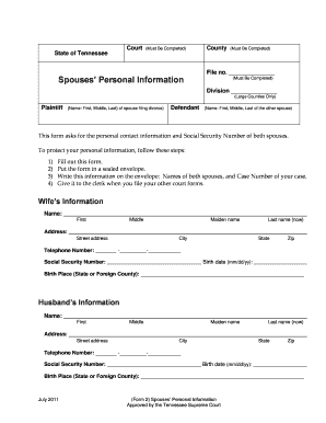 Tennessee Spouses' Personal Information Form