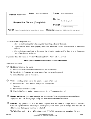 Tennessee Divorce Complaint Form