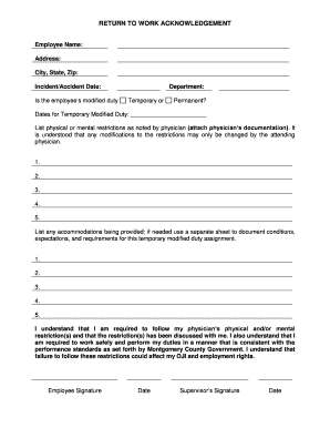 Return to Work Acknowledgement