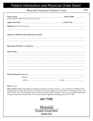 Memorial Outpatient Infusion Center I.V. Form