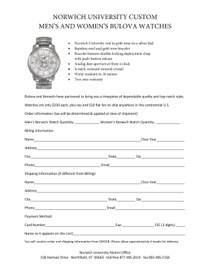 Norwich University Custom Bulova Watches Order Form