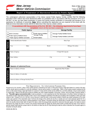 New Jersey Report of Possession of Abandoned Vehicle