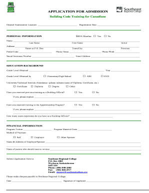 Pt terms and conditions - APPLICATION FOR ADMISSION Building Code Training for Canadians Desired Examination Location Registration Date SBOA Member: PERSONAL INFORMATION Yes No Name Last Name First Name Initial Address Street or P - southeastcollege