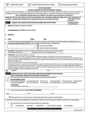 New Jersey W-9/Questionnaire for Non-Procurement Vendors